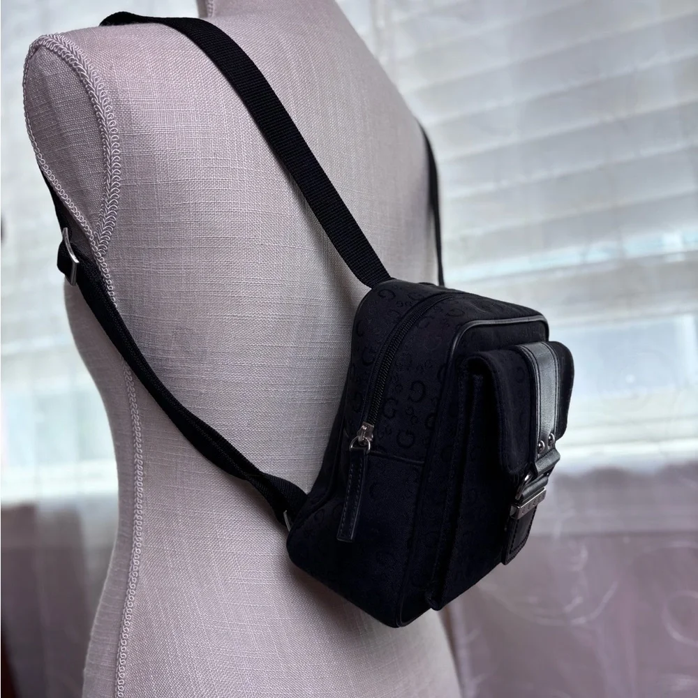 Guess Black Monogram Canvas Crossbody w/Silvertone Logo Buckle